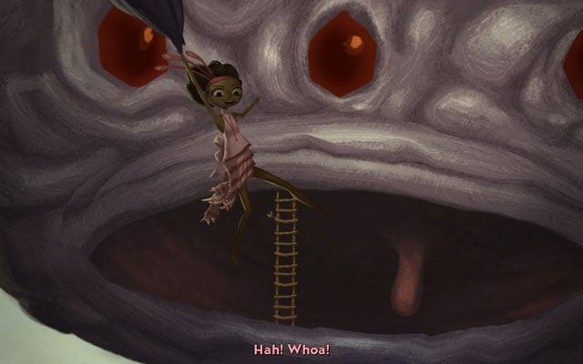 Use the ladder to jam the beast's jaw - Fighting Mog Chothra - Chapter 1 - Vella - Broken Age - Game Guide and Walkthrough