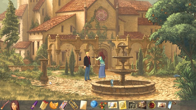 The nice girl is aiming a shotgun at you. - Nico and George - Castell Gate, Castell Garden - Castell dels Sants - Broken Sword: The Serpents Curse - Game Guide and Walkthrough