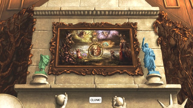 Arranging the statues in the correct way opens a secret passage. - George - Great Hall, Castell Courtyard, Castell Cloisters - Castell dels Sants - Broken Sword: The Serpents Curse - Game Guide and Walkthrough