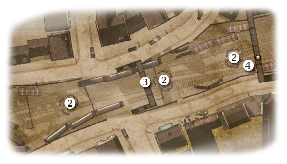 Map legend: 1 - starting area - Chapter 5: Operation Garden - FIFTH ASSIGNMENT:br Destroy the 88's - Chapter 5: Operation Garden - Brothers in Arms: Hells Highway - Game Guide and Walkthrough