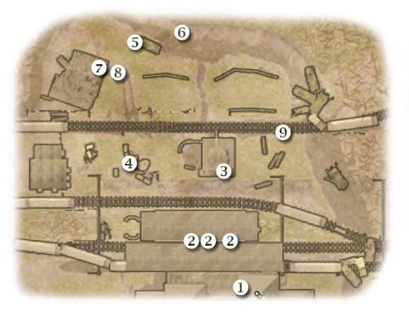 Map legend: 1 - starting area - Chapter 9: Hell's Highway - SIXTH ASSIGNMENT:br Defend the trainyard - part 1 - Chapter 9: Hell's Highway - Brothers in Arms: Hells Highway - Game Guide and Walkthrough