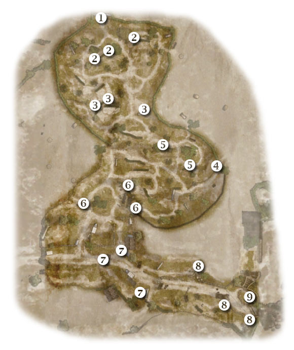 Map legend: 1 - starting area - Chapter 10: Tooth and Nail - FIRST ASSIGNMENT:br Destroy the 4 88's - part 1 - Chapter 10: Tooth and Nail - Brothers in Arms: Hells Highway - Game Guide and Walkthrough