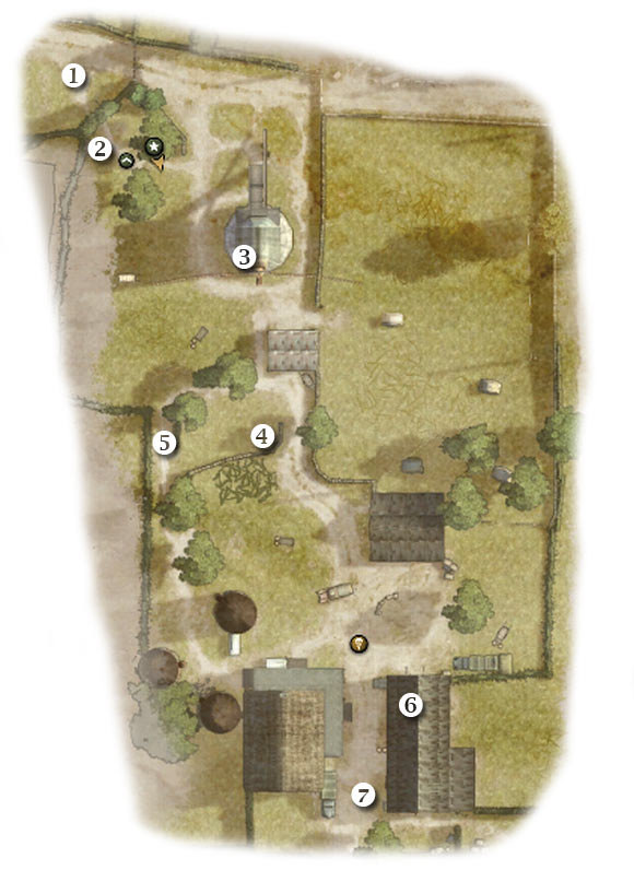 Map legend: 1 - starting area - Chapter 2: Operation Market - THIRD ASSIGNMENT:br Clear Germans from farm - Chapter 2: Operation Market - Brothers in Arms: Hells Highway - Game Guide and Walkthrough