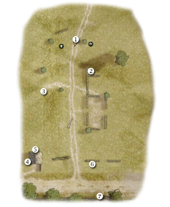 Map legend: 1 - starting area - Chapter 2: Operation Market - SEVENTH ASSIGNMENT:br Defend glider crash site - part 1 - Chapter 2: Operation Market - Brothers in Arms: Hells Highway - Game Guide and Walkthrough