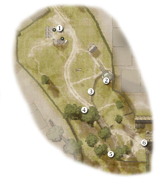 Map legend: 1 - starting area - Chapter 3: Five-Oh-Sink - FIRST ASSIGNMENT:br Recon the town - part 1 - Chapter 3: Five-Oh-Sink - Brothers in Arms: Hells Highway - Game Guide and Walkthrough