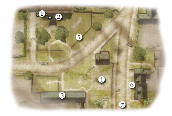 Map legend: 1 - starting area - Chapter 3: Five-Oh-Sink - FIFTH ASSIGNMENT:br Rendezvous with Hartsock - part 1 - Chapter 3: Five-Oh-Sink - Brothers in Arms: Hells Highway - Game Guide and Walkthrough