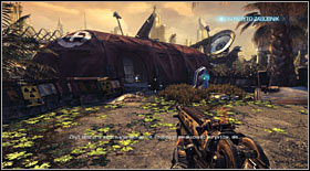 Newsbot #12: it's hidden inside a tent, beside the second dropkit (right beside the passage unblocked by pushing down a ball) - Newsbots - p. 1 - Secrets - Bulletstorm - Game Guide and Walkthrough