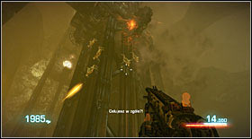 As the elevator moves, you will have to shoot mutants climbing up the nearby pillar towards the lift mechanism - Act VI - Chapter 2 - p. 2 - Walkthrough - Bulletstorm - Game Guide and Walkthrough