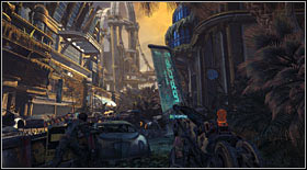 Afterwards approach the hole in the street and interact with the blue sign, kicking it - Act IV - Chapter 1 - Walkthrough - Bulletstorm - Game Guide and Walkthrough