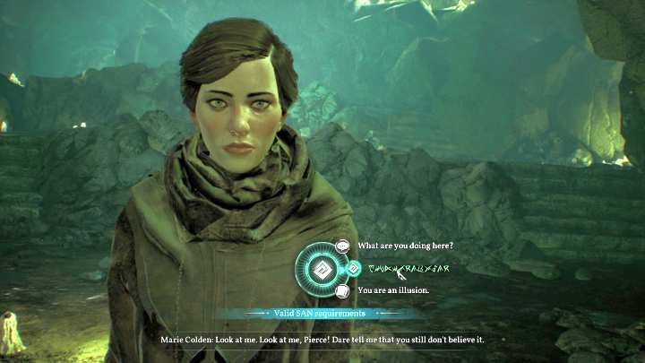 Here, you can select an Rlyehian dialogue option three times. - Chapter 14 - Coastal Cave Alabaster Point | Call of Cthulhu Walkthrough - Walkthrough - Call of Cthulhu Guide