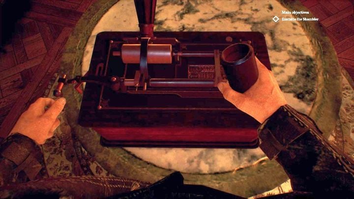 Listen to the found cylinder using the phonograph. - Chapter 6 - Hawkins Mansion - Sanders Residence | Call of Cthulhu Walkthrough - Walkthrough - Call of Cthulhu Guide