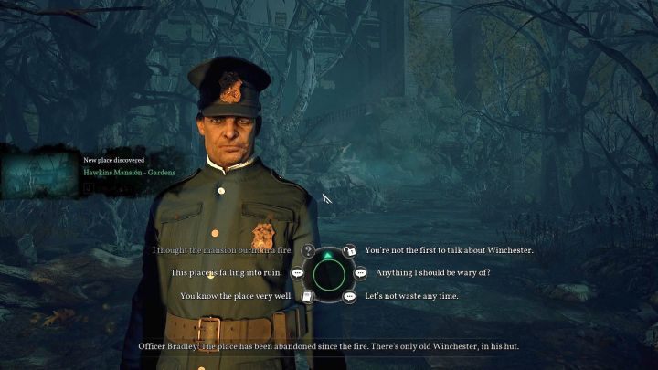 The chapter starts with a conversation with officer Bradley. - Chapter 3 - Garden of the Hawkins mansion | Call of Cthulhu Walkthrough - Walkthrough - Call of Cthulhu Guide