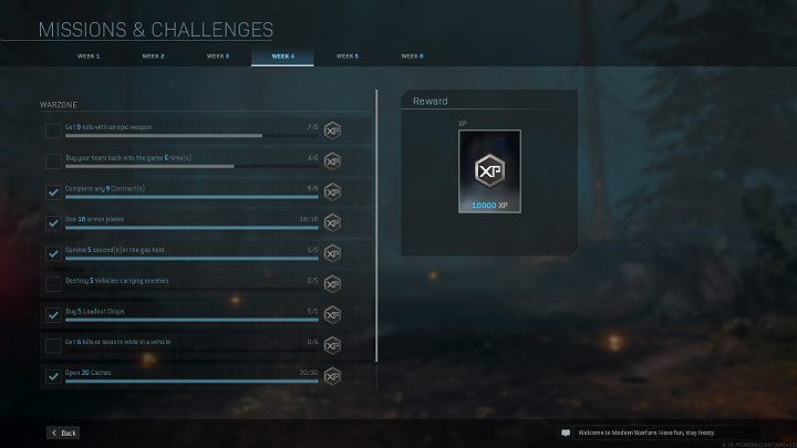 This means you can perform challenges from all available weeks at the same time - Warzone: Barracks - challenges, missions, personalisation - Basics - Warzone Guide