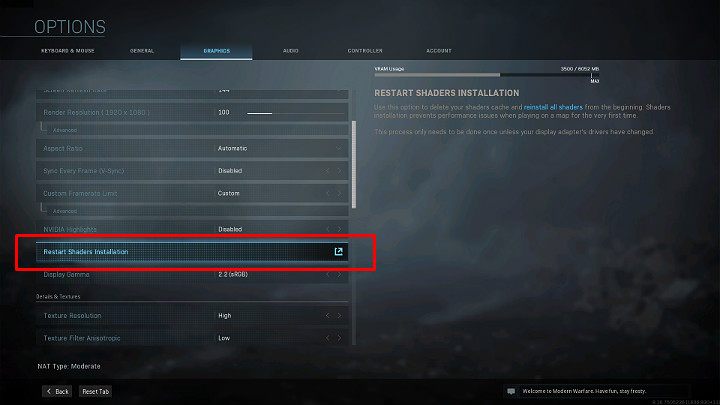 Search for Restar Shaders Instalation among the available options - Warzone: System requirements - Appendix - Warzone Guide
