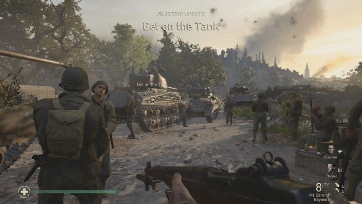 Wait for the cut scene to finish and head towards the nearby tank (Get on the Tank marker) - Operation Cobra - Walkthrough - Walkthrough - Call Of Duty WW2 Guide