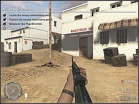 Crouch by the nearby crates and start shooting at the visible enemy soldiers (screen 1) - Retaking Toujane - Rommel's Last Stand - Call of Duty 2 - Game Guide and Walkthrough