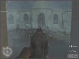 Exit the building and start running towards the occupied church (screen 1) - The Tiger - The Battle for Caen - Call of Duty 2 - Game Guide and Walkthrough