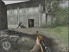 You may enter the barn on your own or wait for the teammates to do that - The Brigade Box - The Battle for Caen - Call of Duty 2 - Game Guide and Walkthrough