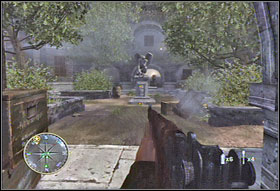 In the main room hide behind the wagon (#1) and shoot from there until you clear the way - Chapter IV: Mayenne Bridge - Game Guide - Call of Duty 3 Game Guide