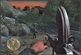 After eliminating the first gun, watch out for the German post over you (#1) - Chapter V: Operation Totalize - Game Guide - Call of Duty 3 Game Guide