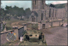 When youll reach the buildings (#1), it will become a bit more difficult, because you wont be able to maneuver easily - Chapter VII: The Black Baron - Game Guide - Call of Duty 3 Game Guide