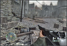 When youll get there, eliminate the Germans running up from the south (#1) and then from the east (#2) - Chapter XIV: Closing the Gap - Game Guide - Call of Duty 3 Game Guide