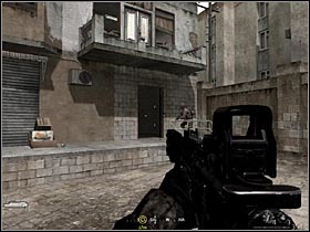After some shooting in the alley (where your team was attacked by sub-machine guns), wait for your mates to open the door to the building (thats the one in the pic) and go upstairs - Intel Data - part 2 | Intel Data locations in COD Modern Warfare Remastered - Intel Data - Call of Duty 4 Modern Warfare Remastered Guide