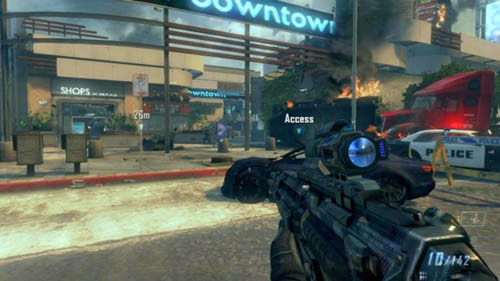 The entrance to the shopping center is on the left - Mission 10: CORDIS DIE | Missions: Walkthrough - Missions: Walkthrough - Call of Duty: Black Ops II Game Guide & Walkthrough