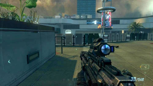 Hide behind the ads and by the walls, slowly move to the front, and eventually youll go out to the terrace - Mission 10: CORDIS DIE | Missions: Walkthrough - Missions: Walkthrough - Call of Duty: Black Ops II Game Guide & Walkthrough