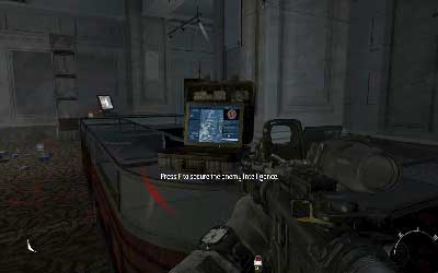 When all enemies will be dead get down and walk up to the desk which is on the right side of stairs - [Act I] Black Tuesday - Walkthrough - Call of Duty: Modern Warfare 3 - Game Guide and Walkthrough