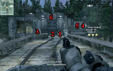 When you leave building don't reload your weapon but in the run change pistol and quickly take down two dogs [1, 2] and target on the left [3] - Stay Sharp - SpecOps missions - Call of Duty: Modern Warfare 3 - Game Guide and Walkthrough