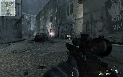 Walk through the square, jump over the metal bars and without lean out crouch in place where you will be able to see four enemies on the street - Resistance Movement - SpecOps missions - Call of Duty: Modern Warfare 3 - Game Guide and Walkthrough
