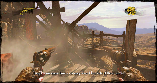 When the spark foes up, jump right and continue after it - Episode 11 - 1:30 to Hell - Walkthrough - Call of Juarez: Gunslinger - Game Guide and Walkthrough