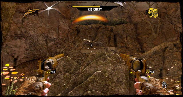 The boss won't be able to hit you from the spot pictured above, but you will be able to pester him - Episode 11 - 1:30 to Hell - Walkthrough - Call of Juarez: Gunslinger - Game Guide and Walkthrough