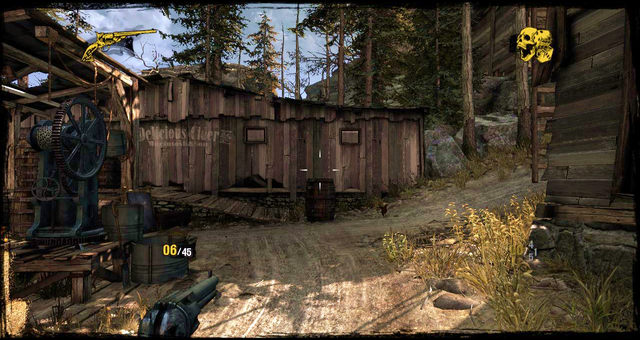 Crossroads, the secret is on the left (by the black machine) - Episode 2 - Nuggets of Truth (Secrets) - Call of Juarez: Gunslinger - Game Guide and Walkthrough