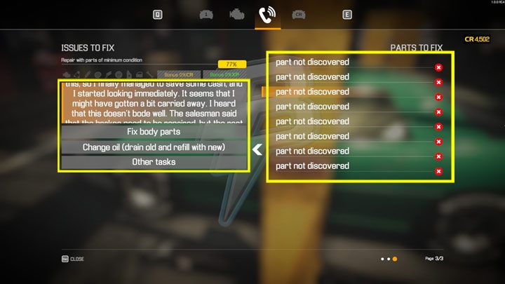 Clicking the receiver icon shows you the list of parts that need replacing - Car Mechanic Simulator 2021: Commission types - Basics - Car Mechanic Simulator 2021 Guide