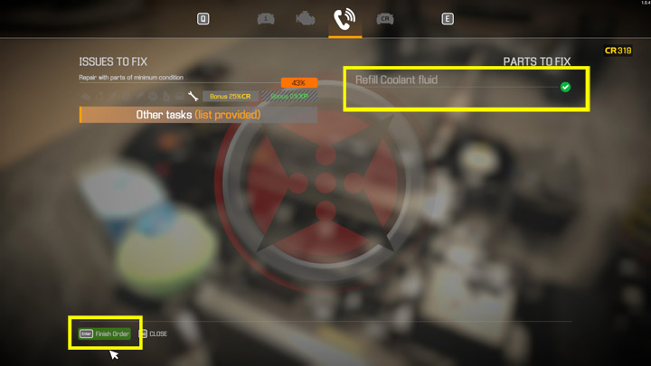 After finishing all required repairs (the list should be full of green check marks), you can wrap up the commission and earn your credits by clicking the Finish Order button, marked by green on the bottom of the screen - Car Mechanic Simulator 2021: Commission types - Basics - Car Mechanic Simulator 2021 Guide