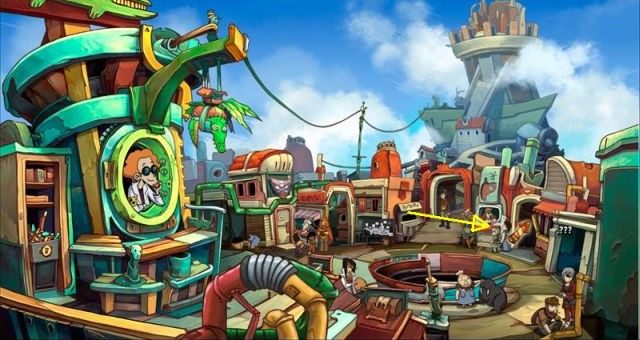 The fifth fragment is found on the bar counter on the right side of the market - Puzzles - secrets and collectibles in Chaos on Deponia - Game Guide - Chaos on Deponia Guide