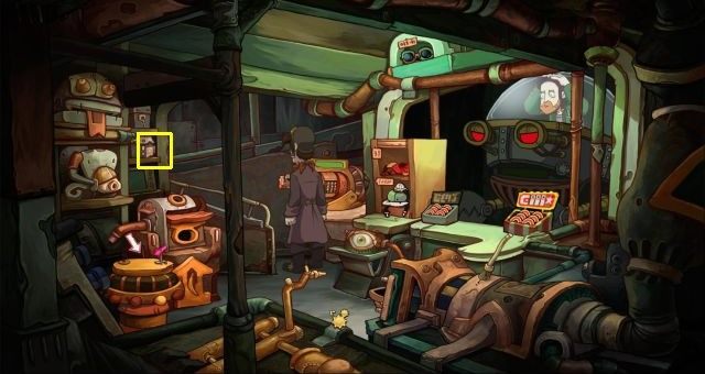 The seventh fragment is hidden in the gadget shop on a shelf to the left, above the banana straightener - Puzzles - secrets and collectibles in Chaos on Deponia - Game Guide - Chaos on Deponia Guide