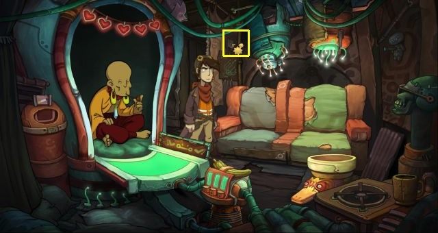 The tenth fragment is hanging from a wall in the fortune tellers tent (next to the tapestry) - Puzzles - secrets and collectibles in Chaos on Deponia - Game Guide - Chaos on Deponia Guide
