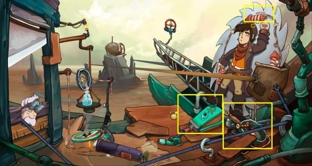 Click on the bellows and then on the pans handle - Get the hammer from Grandma Utz home | Reach Goal - Reach Goal - Chaos on Deponia Guide