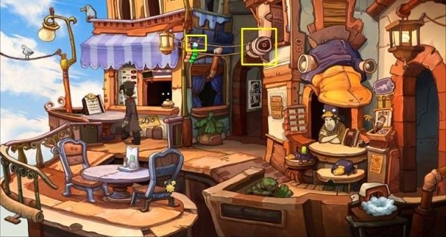 Air platypus egg is hanging in a sock on a wire between the restaurant and the gift shop - Air Platypus | Chaos on Deponia Walkthrough - Have words with Goal - Chaos on Deponia Guide