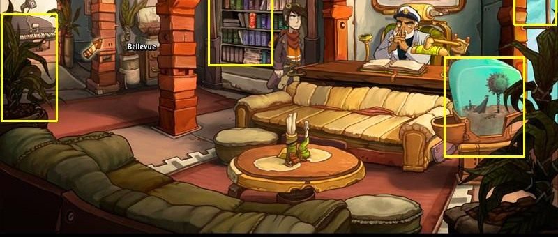 Make your way to the captains home and take a look at the bookshelf, dying flowers, aquarium by the window and the window itself - Air Platypus | Chaos on Deponia Walkthrough - Have words with Goal - Chaos on Deponia Guide