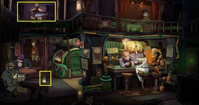 Travel to the tavern and make an attempt to take a razorfish from the wall - no can do, it has an installed motion detector - Air Platypus | Chaos on Deponia Walkthrough - Have words with Goal - Chaos on Deponia Guide
