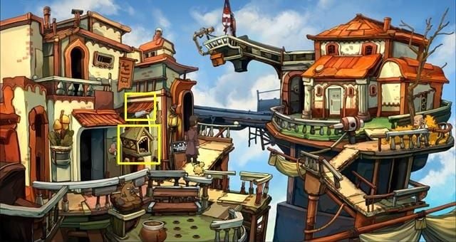 Proceed to the foretop and use the razorfish to cut the catapult - Air Platypus | Chaos on Deponia Walkthrough - Have words with Goal - Chaos on Deponia Guide