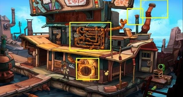 Enter the tavern and light the candle (taken from Crane the Poets apartment - the way of acquiring it is described in the chapter on air platypus) using the candle in the tavern (in the bottom of the scene) - Fire platypus | Chaos on Deponia Walkthrough - Have words with Goal - Chaos on Deponia Guide