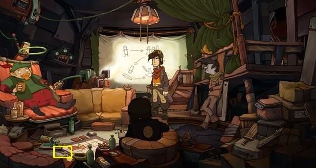 Click on the eighth puzzle fragment (on the floor, next to the game board) - Join the rebels - Chaos on Deponia Walkthrough - Convince Baby Goal - Chaos on Deponia Guide