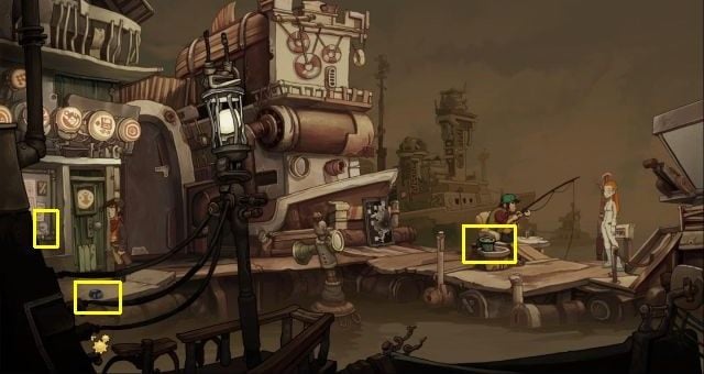 Travel to Floating Black Market and attempt to enter the gadget shop - it turns out to be closed - Win the torpedo equipment - Chaos on Deponia Walkthrough - Chasing Goal - Chaos on Deponia Guide