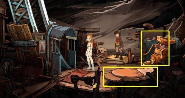 Travel to the tower, place the pool on the floor and ask Spunky Goal to stand in it - she wont agree, so change her into Baby Goal, who will happily conform - Install the transmitter on the radio tower - Chaos on Deponia Walkthrough - Chasing Goal - Chaos on Deponia Guide