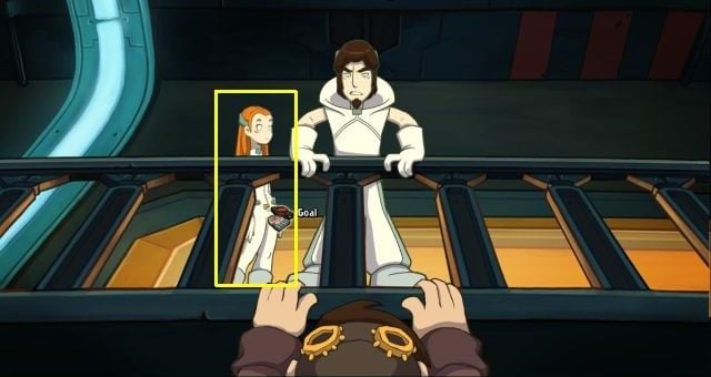 During the battle between Rufus and Cleatus and Lady Goal versus Baby/Spunky Goal, you need to deliver Spunky Goal a message - Defeat Cleatus - Chaos on Deponia Walkthrough - Chasing Goal - Chaos on Deponia Guide